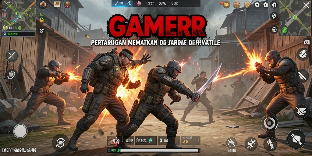 Screenshot utama GAMERP menampilkan pertarungan mendebarkan di arena Battle Royale.