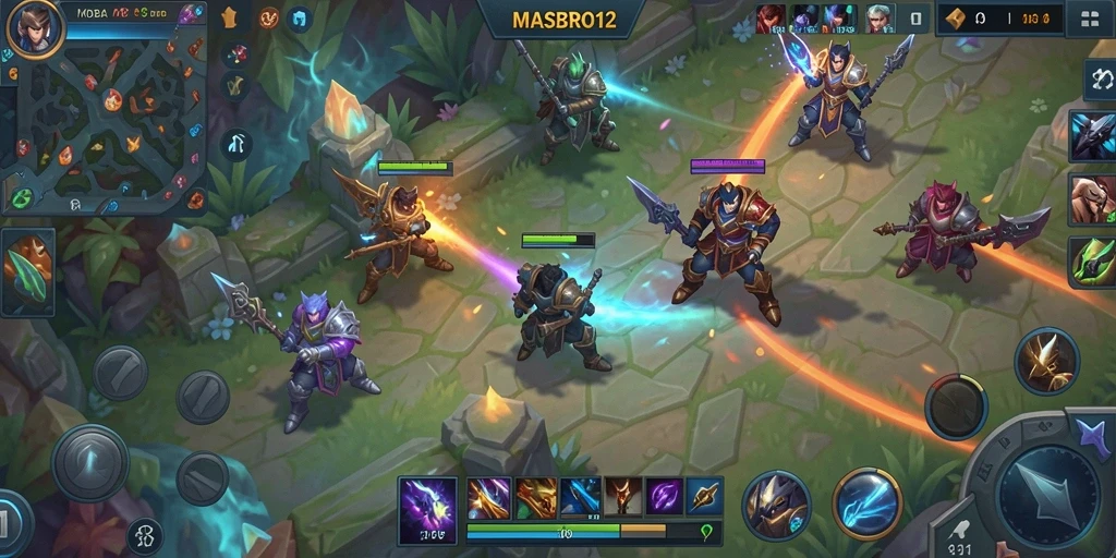 Screenshot menunjukkan karakter bertarung di arena MOBA penuh aksi.