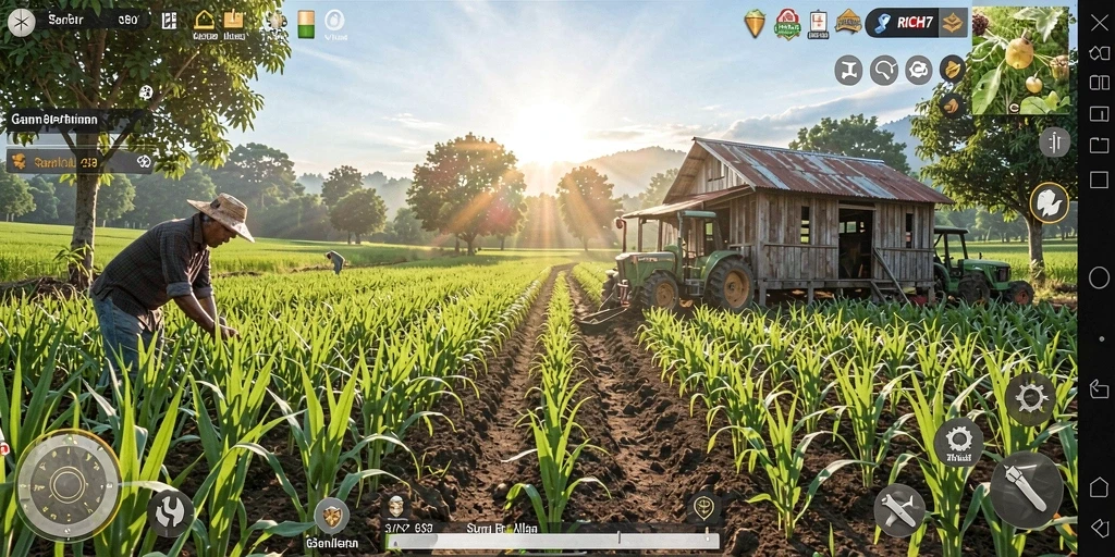 Tampilan gameplay RICH7 dengan petani virtual dan lahan pertanian.