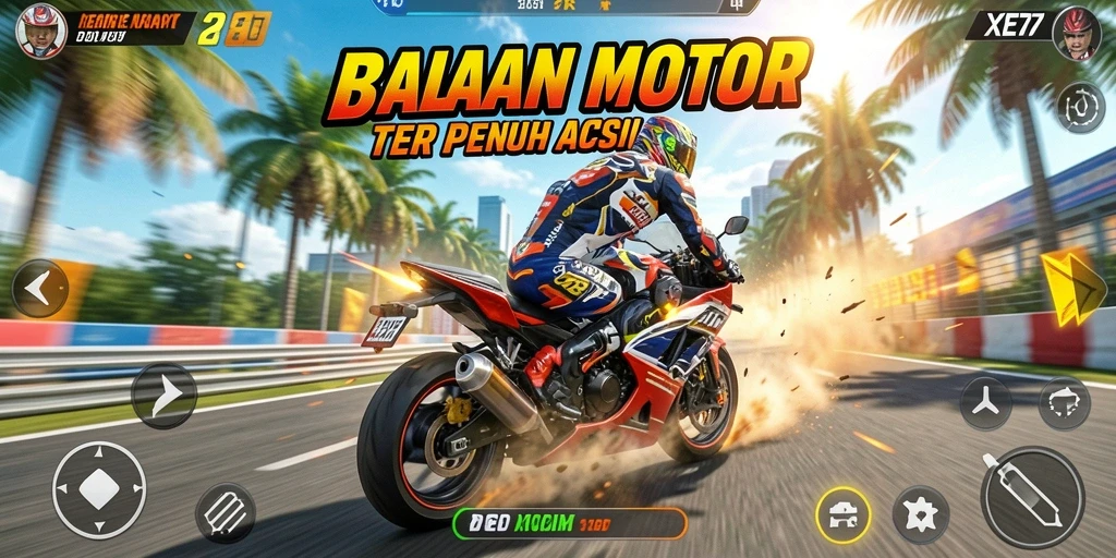 Screenshot gameplay XE77 menampilkan balapan motor yang mendebarkan.